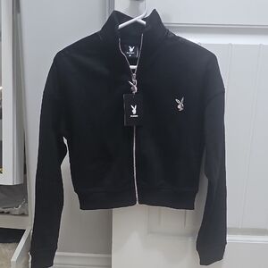 NWT PLAYBOY Black Zip-Up Jacket Top With Logo Medium